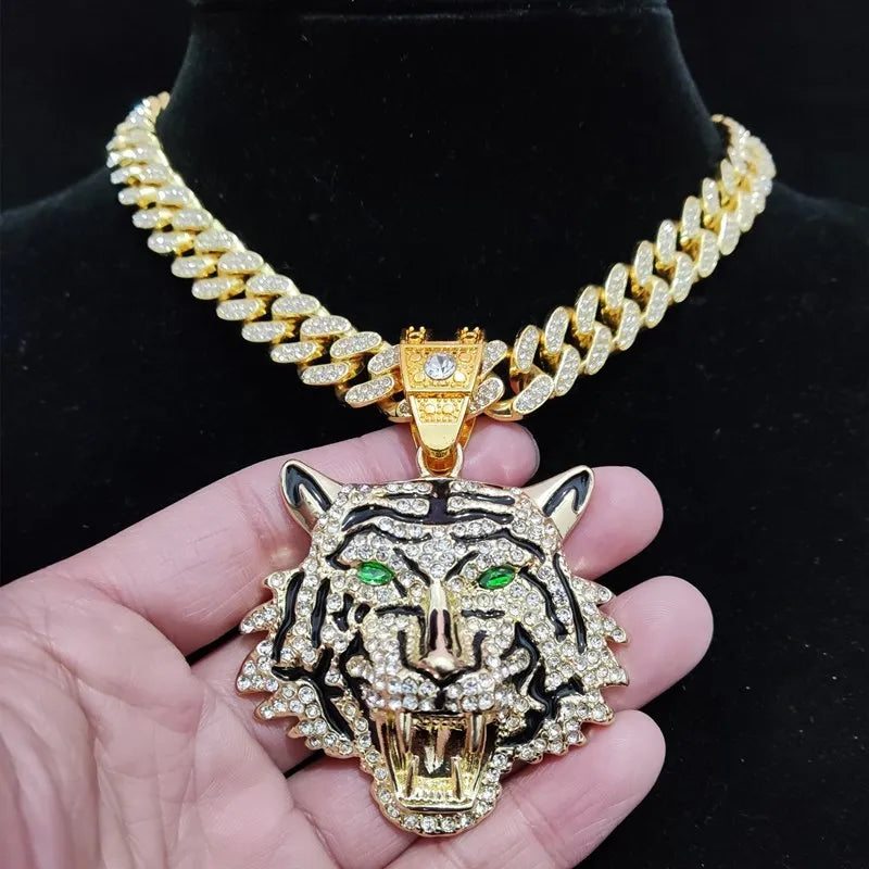 Collar con colgante de tigre 3D estilo hip hop con cadena cubana de cristales de 13 mm, collar iced out bling, joyería de moda con dije para hombres y mujeres