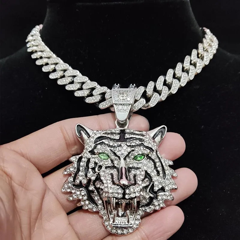 Collar con colgante de tigre 3D estilo hip hop con cadena cubana de cristales de 13 mm, collar iced out bling, joyería de moda con dije para hombres y mujeres