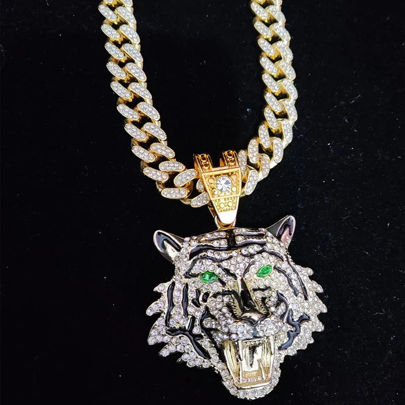 Collar con colgante de tigre 3D estilo hip hop con cadena cubana de cristales de 13 mm, collar iced out bling, joyería de moda con dije para hombres y mujeres
