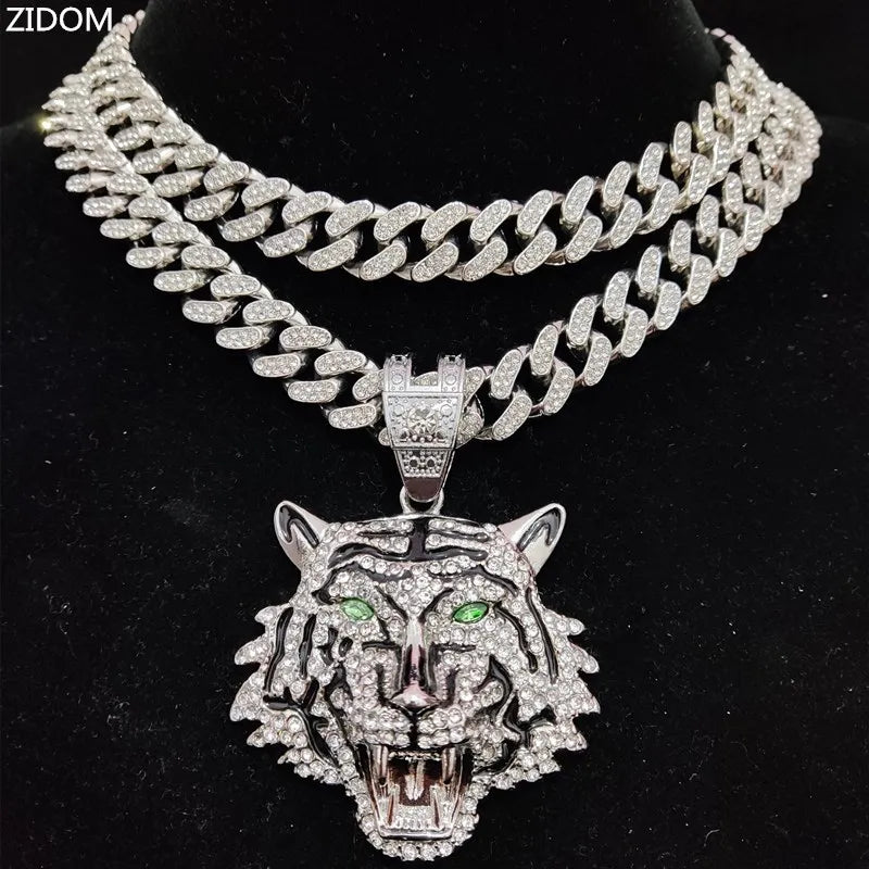 Collar con colgante de tigre 3D estilo hip hop con cadena cubana de cristales de 13 mm, collar iced out bling, joyería de moda con dije para hombres y mujeres