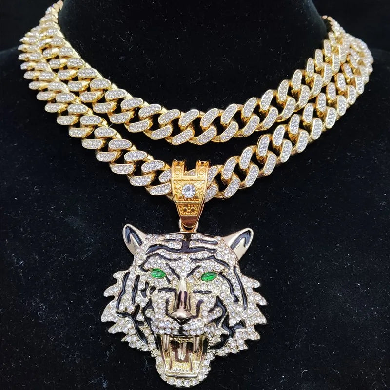 Collar con colgante de tigre 3D estilo hip hop con cadena cubana de cristales de 13 mm, collar iced out bling, joyería de moda con dije para hombres y mujeres