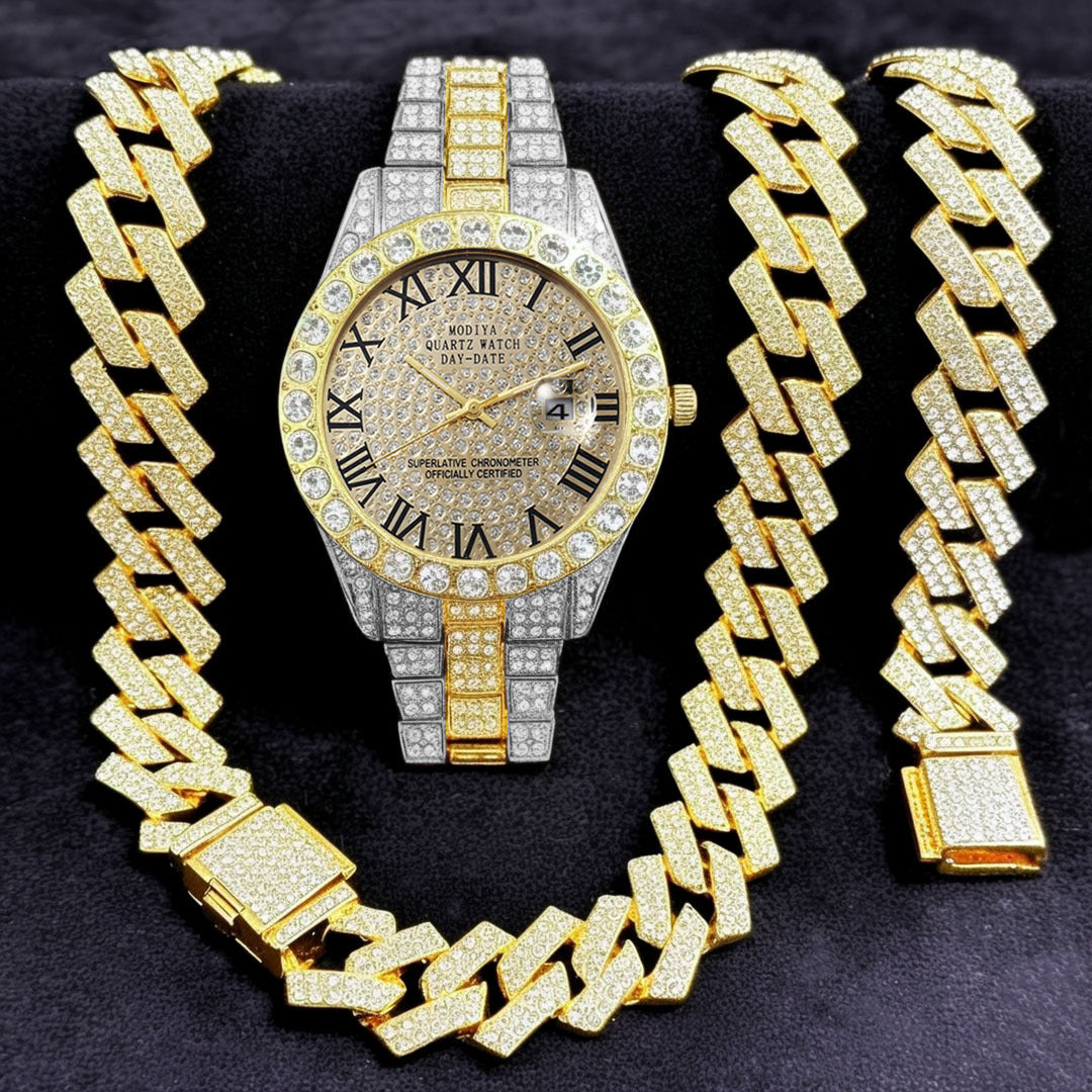 16-teiliges Diamant Uhren & Schmuck Set – Kuba Armband & Kette