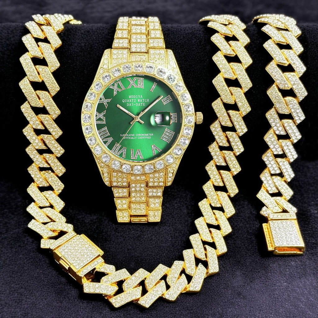 Set de 16 pièces montres et bijoux diamantés – Gourmette & chaîne cubaines