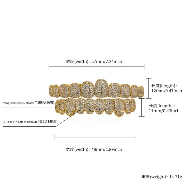 Grillz dentaires haut de gamme, style luxe, incrustés de pierres de zircone 5A, 10 dents haut et 5 dents bas, plaqué or 14K, style punk rappeur, bijoux dentaires.