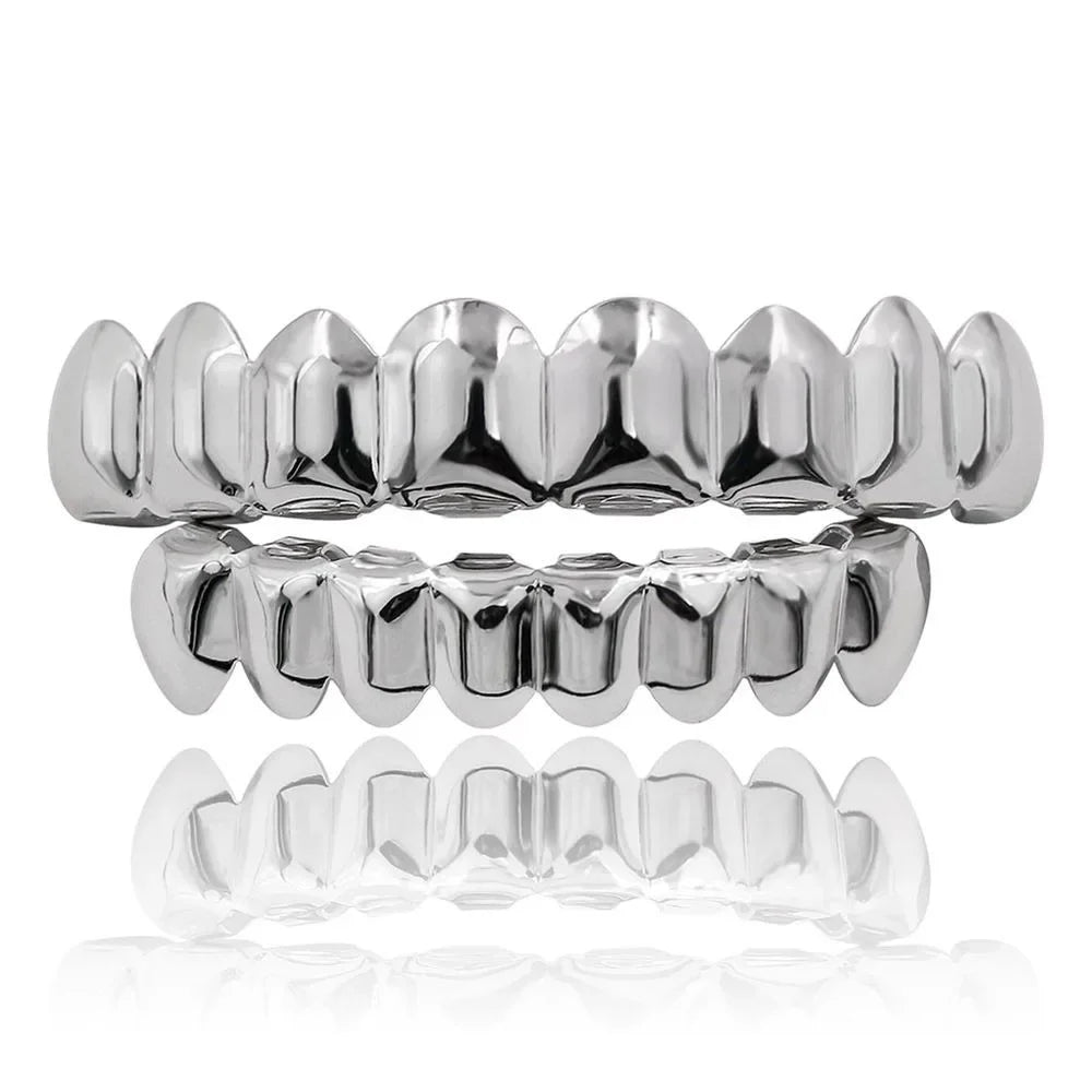Glossy Finish Teeth Grillz Top Bottom Set Anti Slip Eco-friendly Copper Teeth Grillz Caps Gold Silver Teeth Jewelry Events