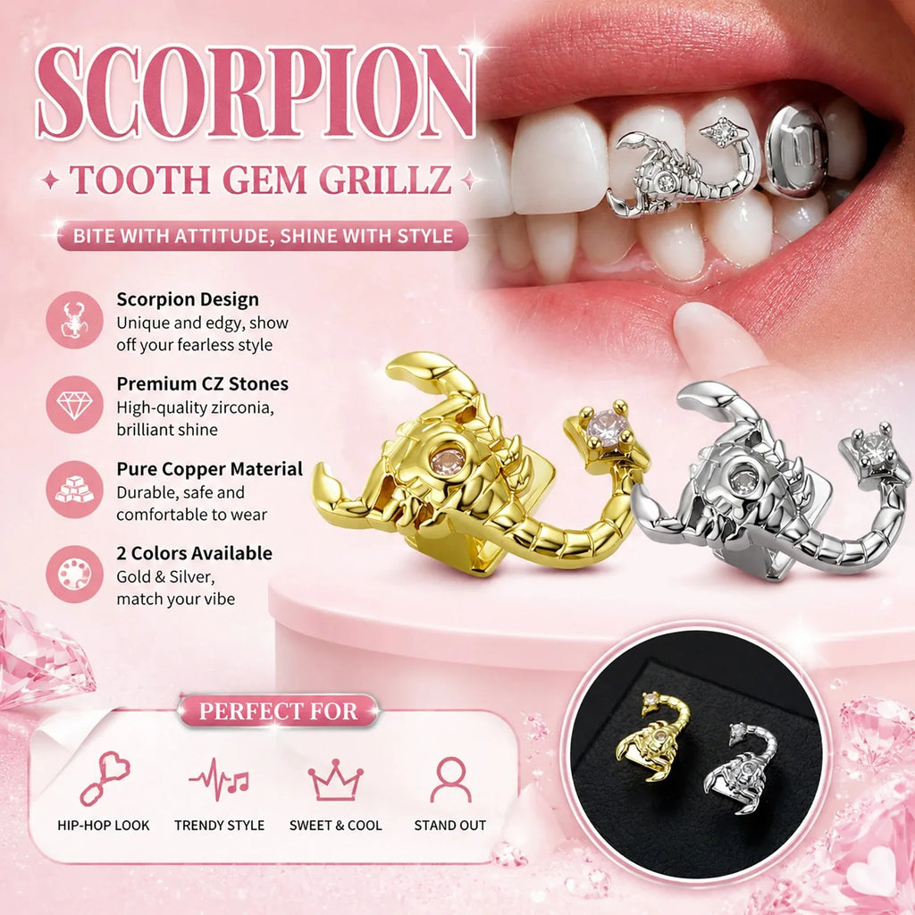 Grillz CZ Scorpione Hip Hop, set superiore e inferiore ghiacciato, gioielli punk da rapper lucidi per uomo e donna, regalo di Natale