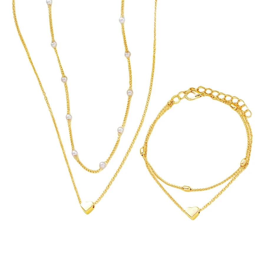 Pearl Heart Necklace & Bracelet Set