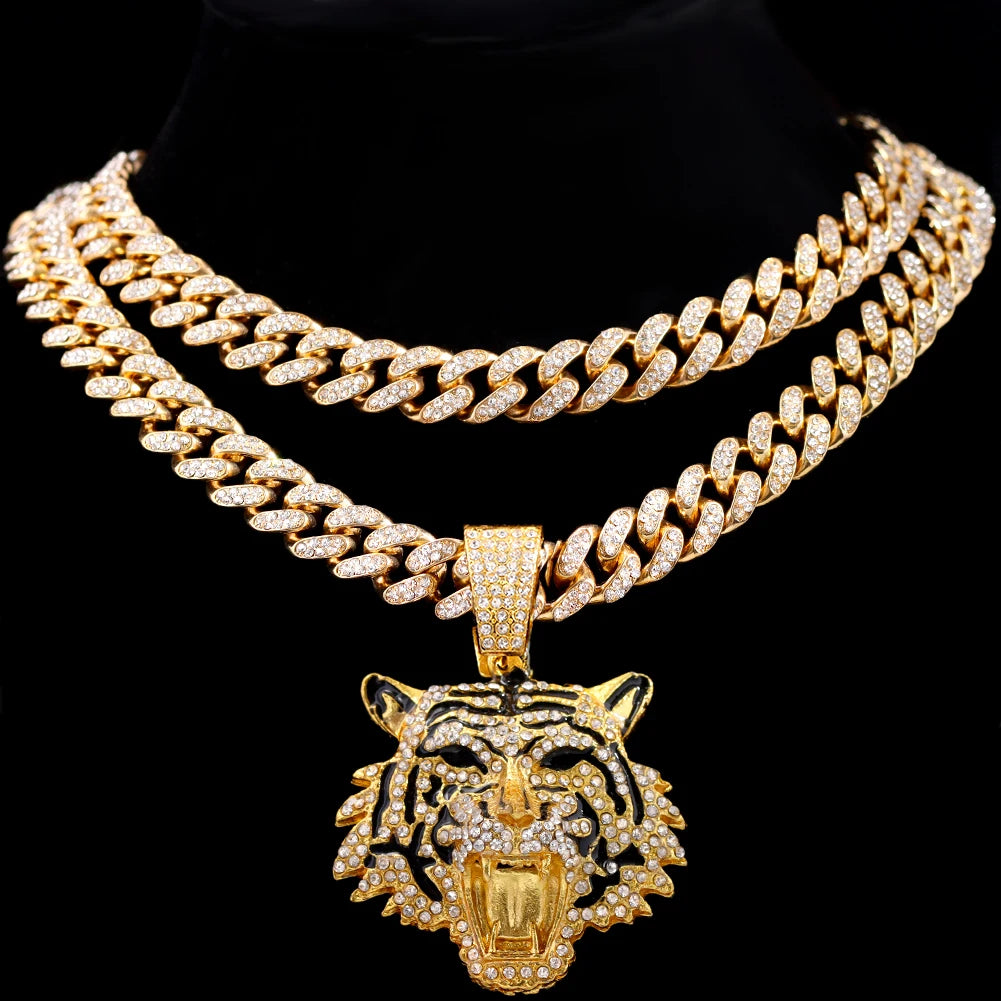 Hip Hop Tiger Head Pendant Necklace for Men Women, Iced Out Rhinestone Cuban Link Chain, Gold Color Animal Bling Jewelry Gift