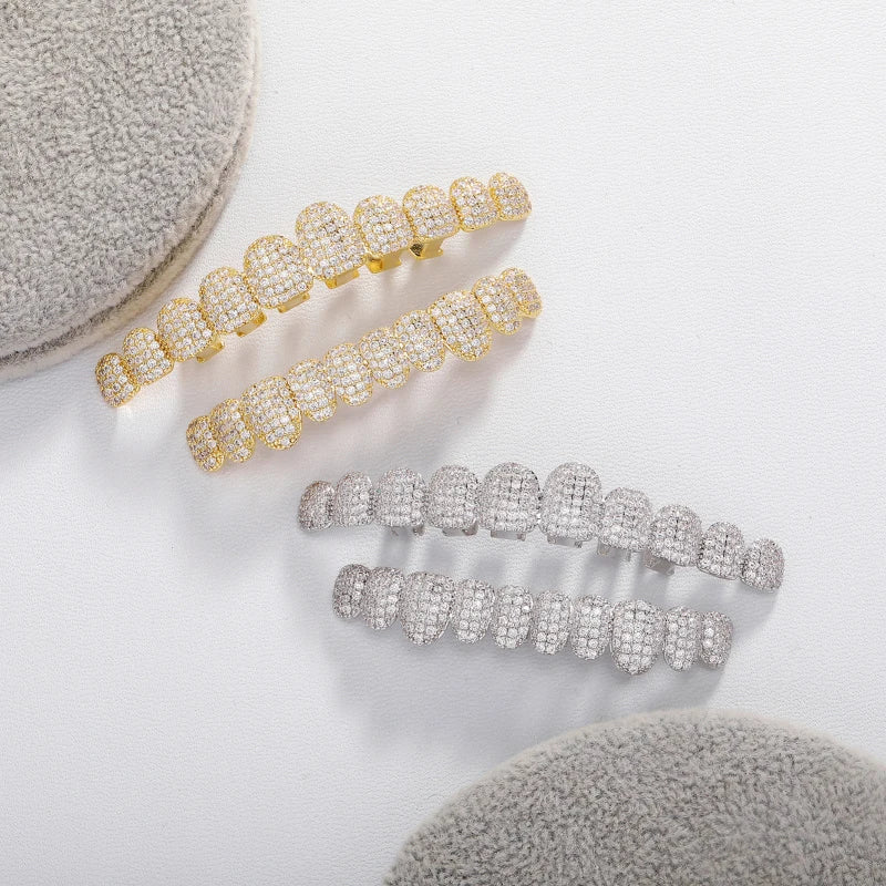 Grillz dentaires haut de gamme, style luxe, incrustés de pierres de zircone 5A, 10 dents haut et 5 dents bas, plaqué or 14K, style punk rappeur, bijoux dentaires.