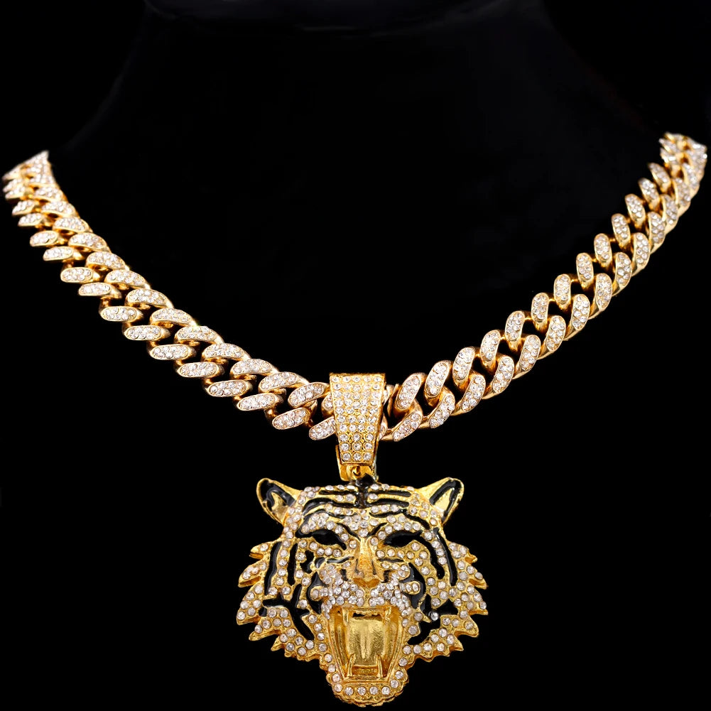 Hip Hop Tiger Head Pendant Necklace for Men Women, Iced Out Rhinestone Cuban Link Chain, Gold Color Animal Bling Jewelry Gift