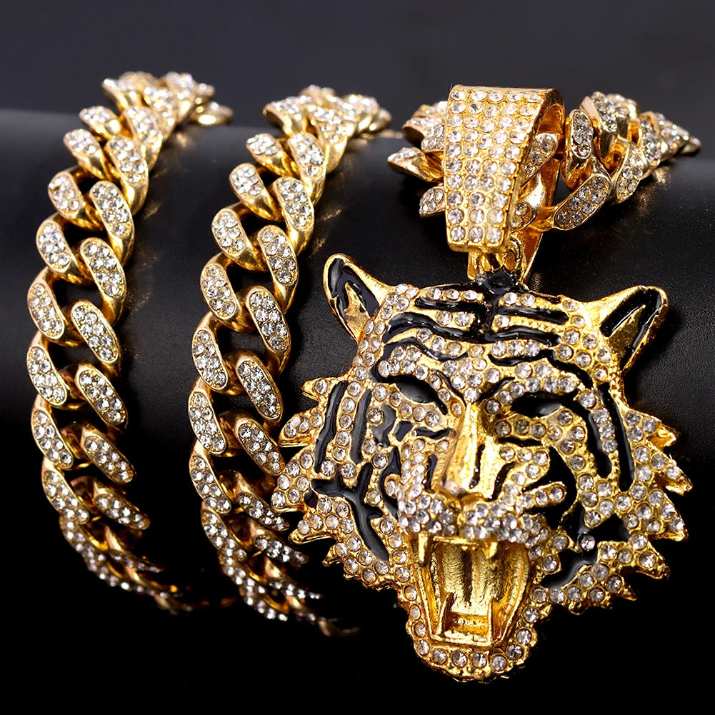 Hip Hop Tiger Head Pendant Necklace for Men Women, Iced Out Rhinestone Cuban Link Chain, Gold Color Animal Bling Jewelry Gift
