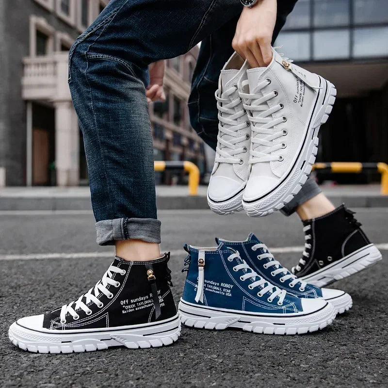 Scarpe da uomo vulcanizzate in tela, sneakers alte, scarpe casual traspiranti con plateau, scarpe da ginnastica chunky da uomo.
