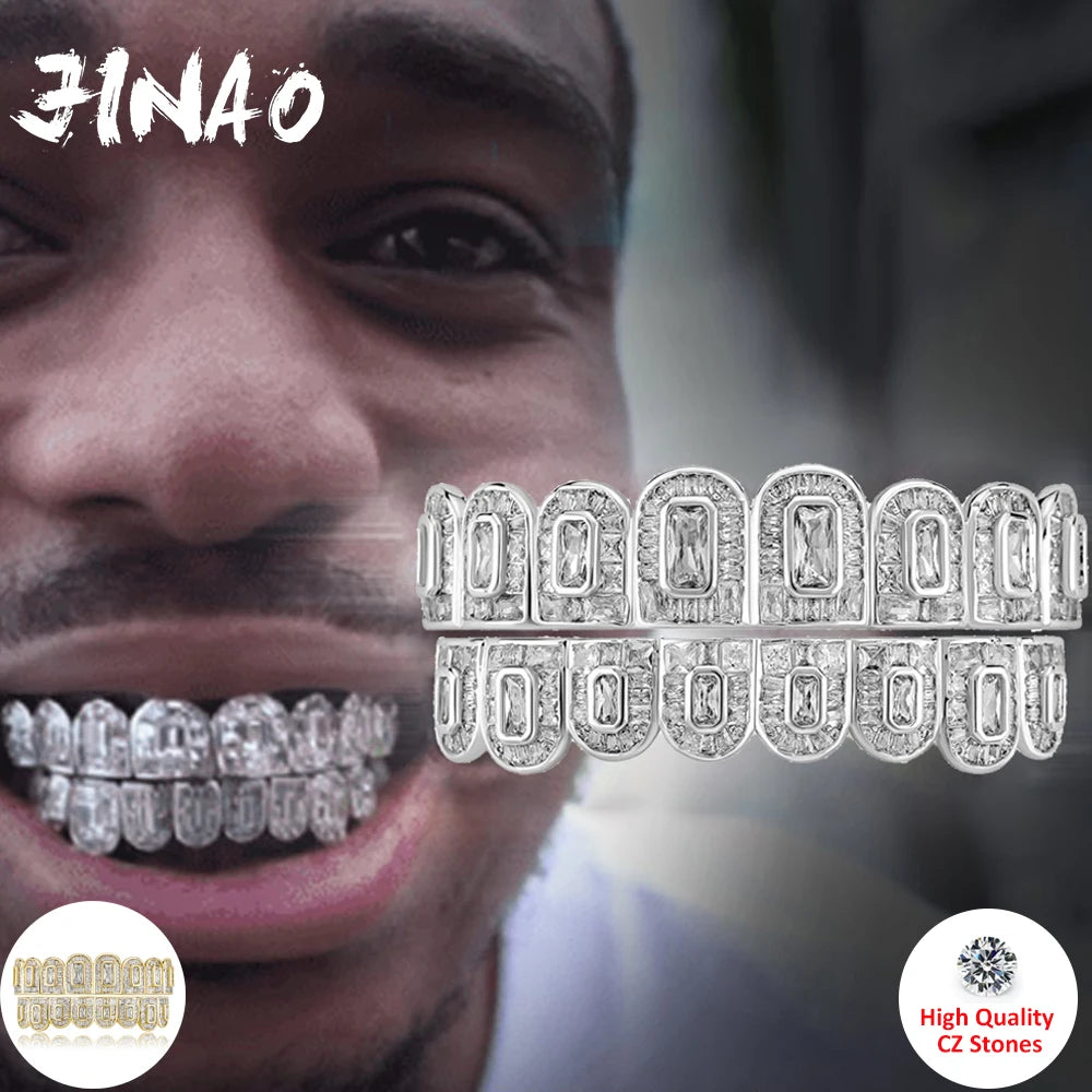 JINAO Hip Hop Grillz – Iced Out CZ Tooth Caps Top & Bottom