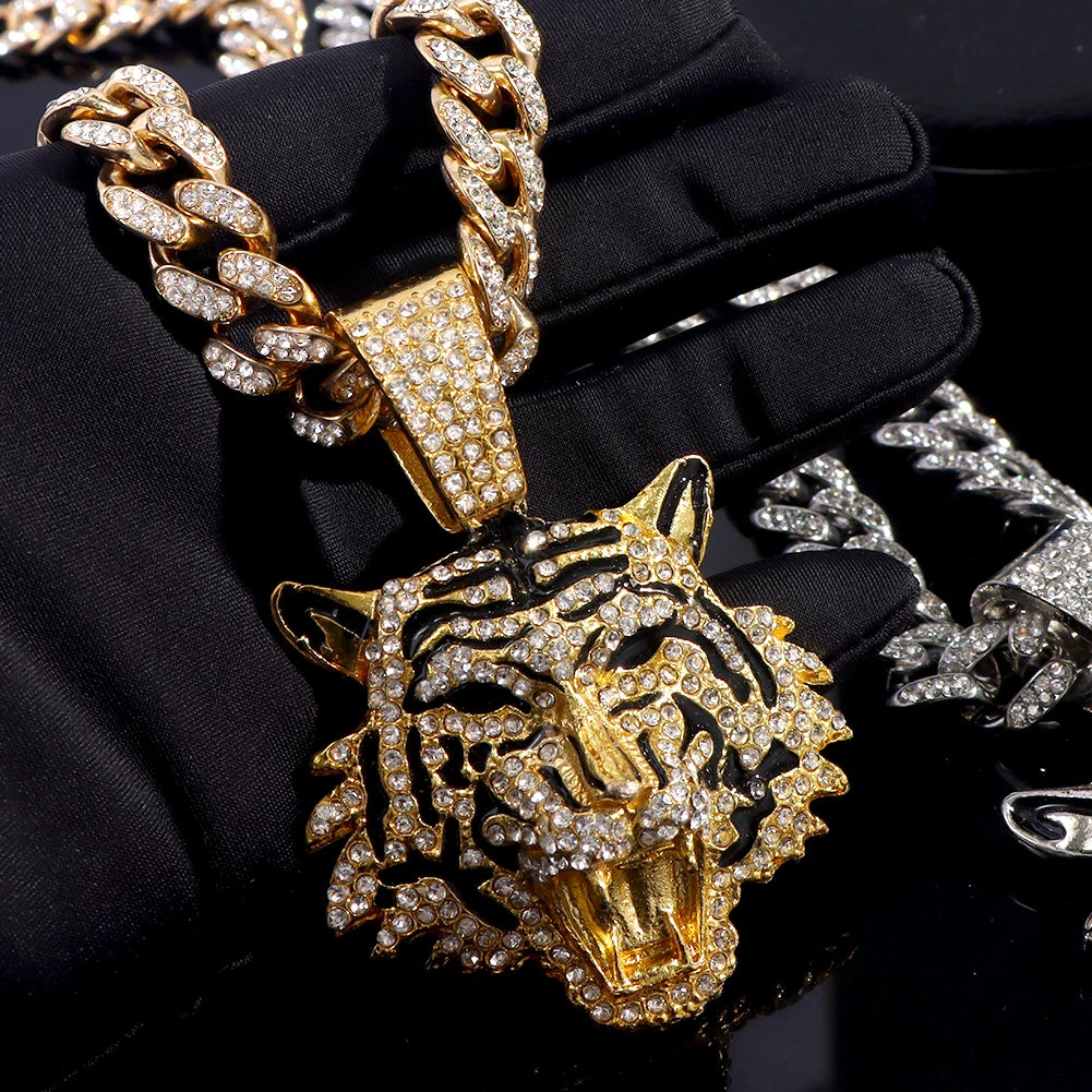 Hip Hop Tiger Head Pendant Necklace for Men Women, Iced Out Rhinestone Cuban Link Chain, Gold Color Animal Bling Jewelry Gift