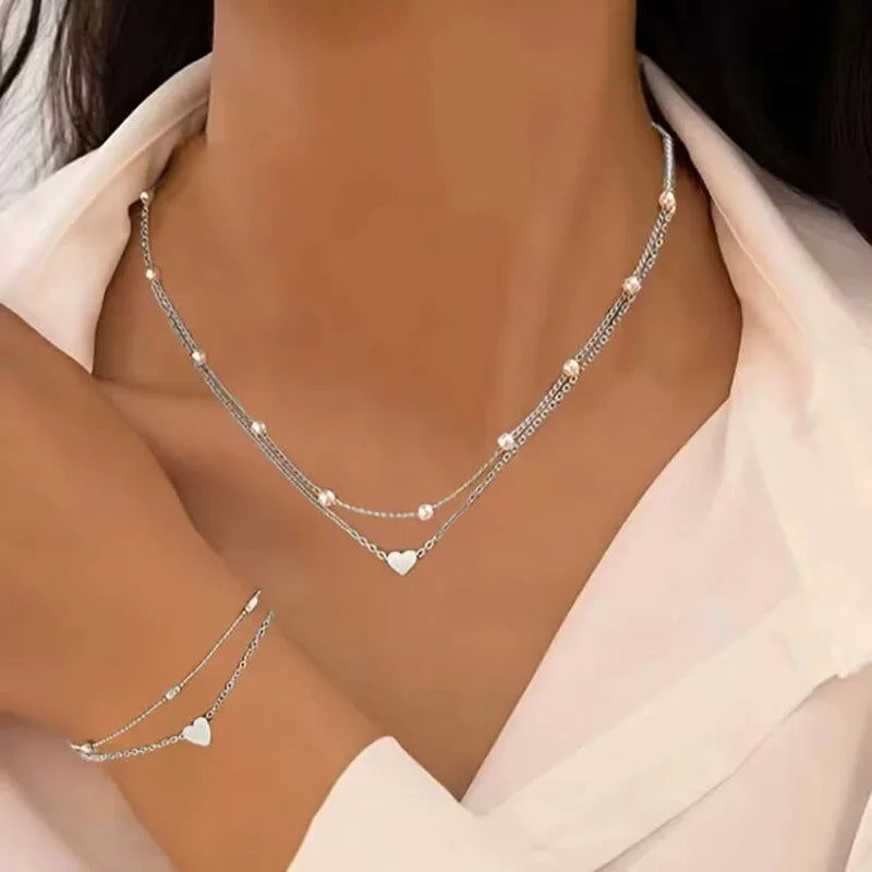 Pearl Heart Necklace & Bracelet Set