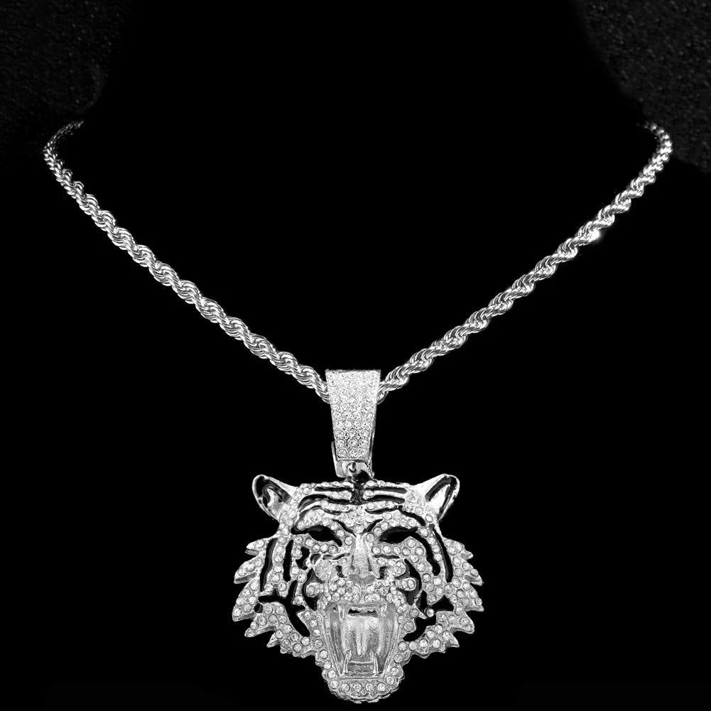 Hip Hop Tiger Head Pendant Necklace for Men Women, Iced Out Rhinestone Cuban Link Chain, Gold Color Animal Bling Jewelry Gift