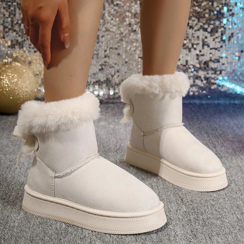 Nuevas botas de nieve elegantes con lazo, punta redonda, planas, resistentes al desgaste, suaves, con forro de terciopelo y cálidas para mujer y estudiante.