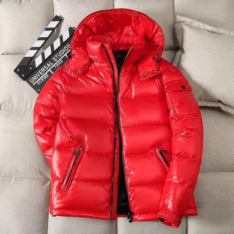 Men's Shiny Down Jacket – Genuine White Duck Down & Hood