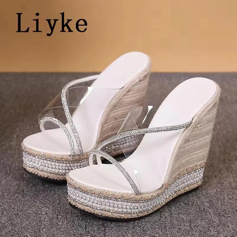 Damen Plateau Keilsandalette – Strass & High Heels Transparent