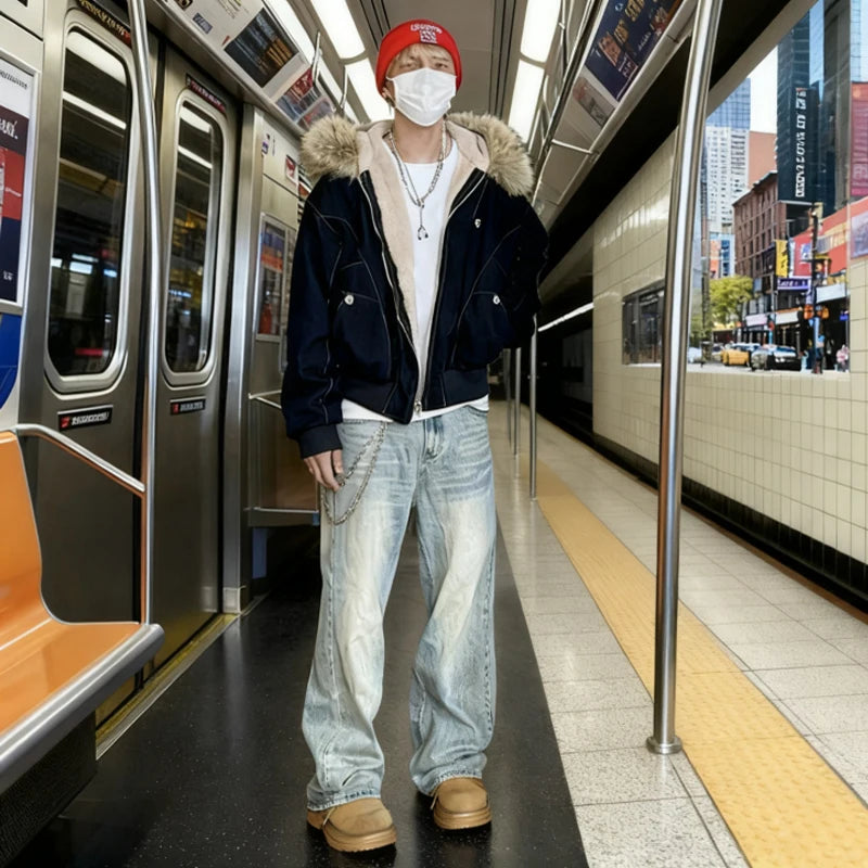 Chaqueta de invierno estilo hip-hop – cuello de piel sintética y parka de estilo urbano