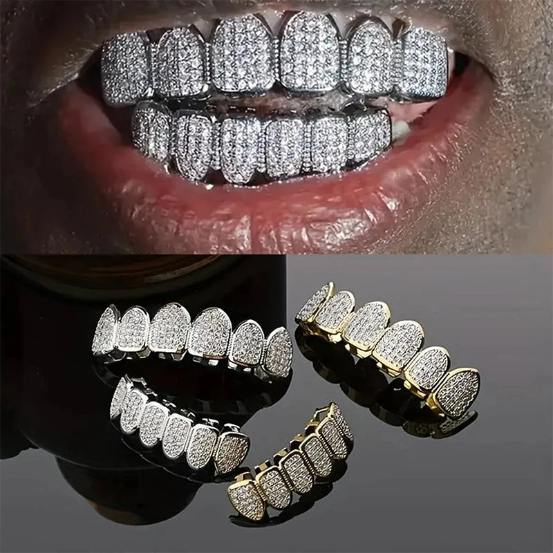 Bling Cubic Zirconia Hip Hop Teeth Grillz for Unisex Top and Bottom Mouth Removable Dental Fashion Cosplay Teeth Jewelry