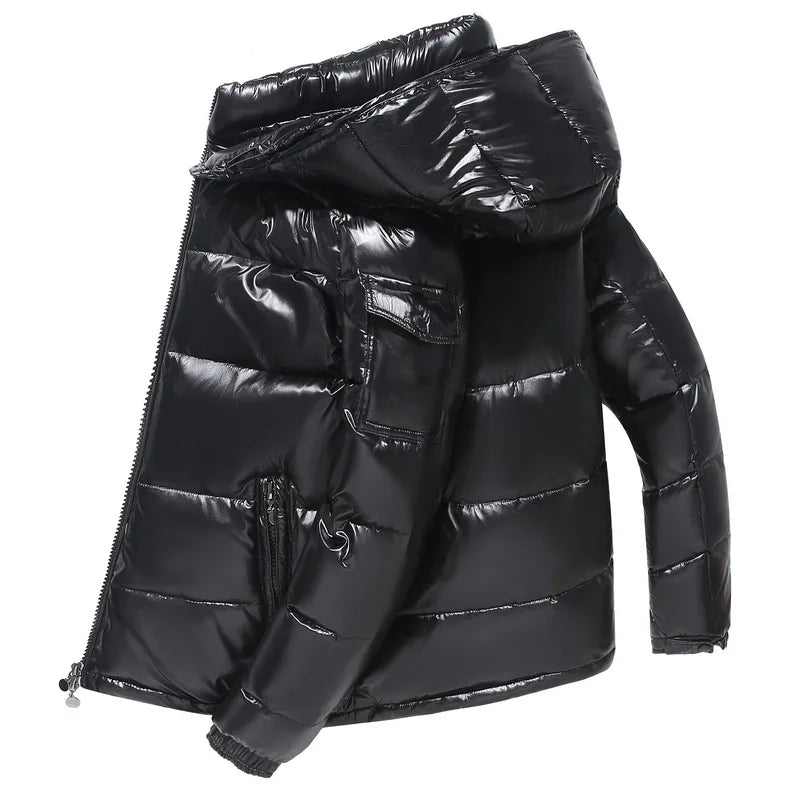 Herren Daunenjacke Glänzend – Echt Weiße Entendaunen & Kapuze