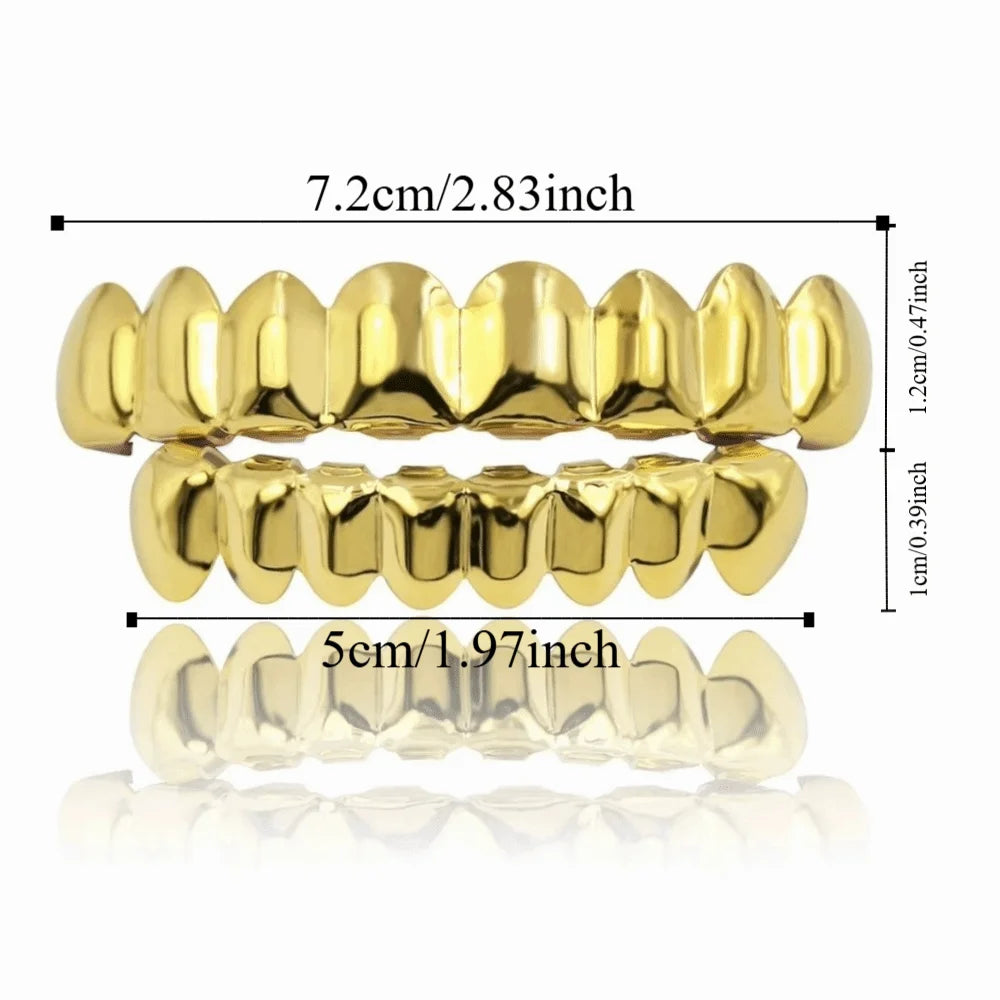 Set di grillz per denti con finitura lucida, superiore e inferiore, antiscivolo, ecologici, in rame, coperture per denti, gioielli per denti, colore argento e oro, stile rapper