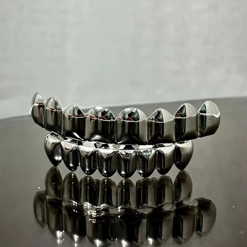 Glossy Finish Teeth Grillz Top Bottom Set Anti Slip Eco-friendly Copper Teeth Grillz Caps Silver Gold Teeth Jewelry Rapper