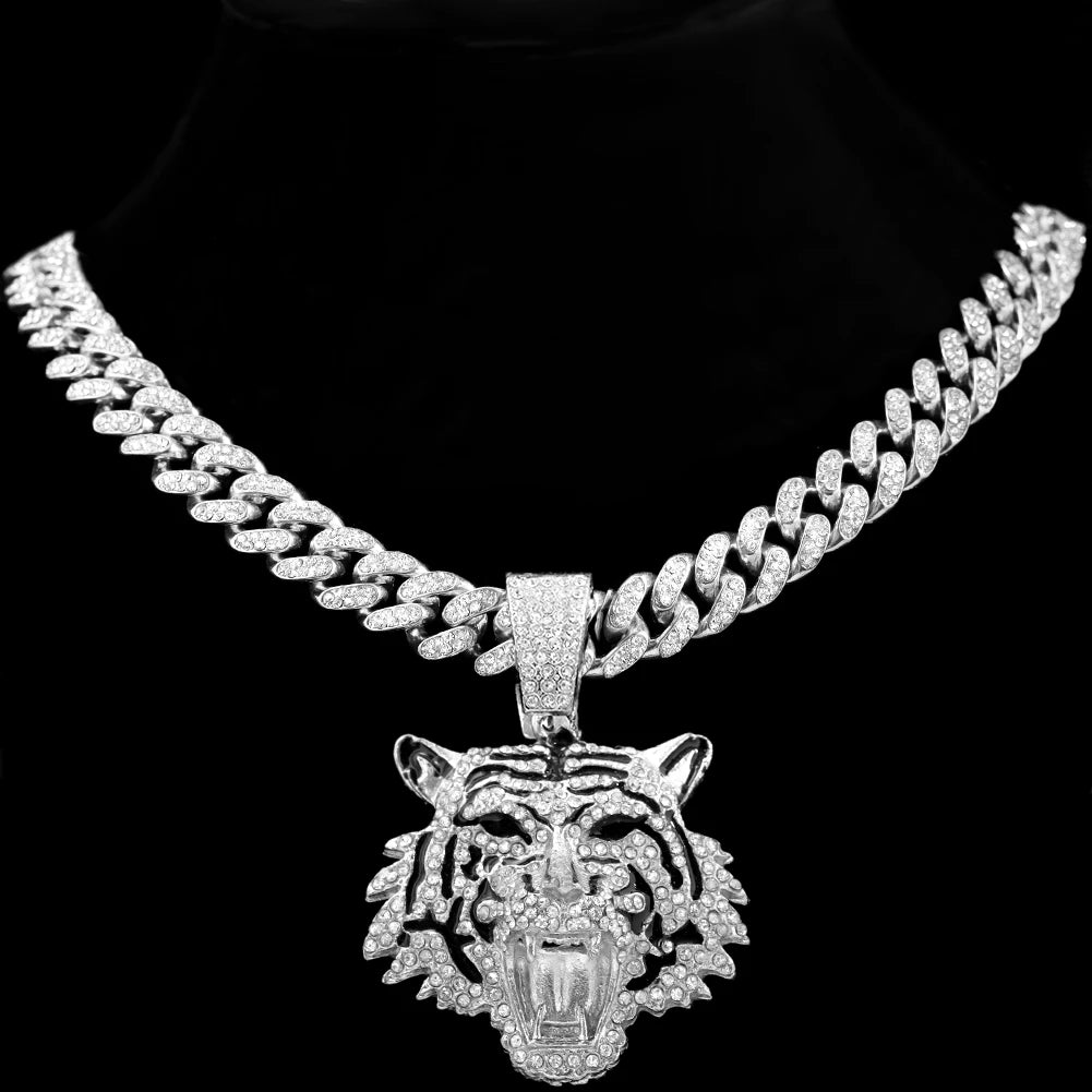 Hip Hop Tiger Head Pendant Necklace for Men Women, Iced Out Rhinestone Cuban Link Chain, Gold Color Animal Bling Jewelry Gift