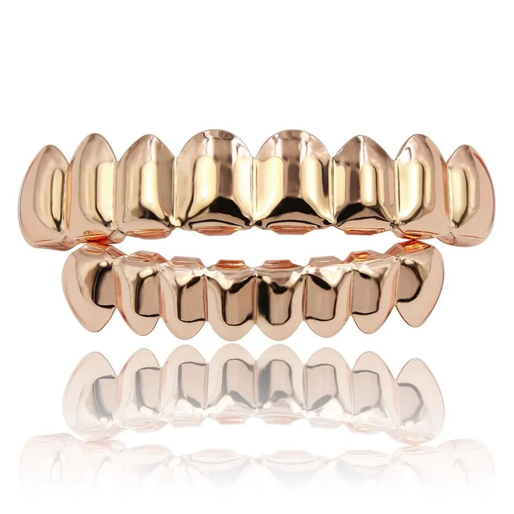 Glossy Finish Teeth Grillz Top Bottom Set Anti Slip Eco-friendly Copper Teeth Grillz Caps Silver Gold Teeth Jewelry Rapper