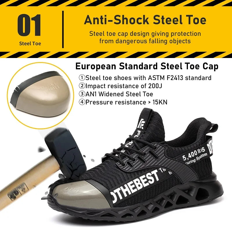 Anti-puncture Safety Shoes, Steel Toe Work Shoes for Men and Women, Lightweight Safety Work Boots, Breathable Sport Safety Shoes, Unisex