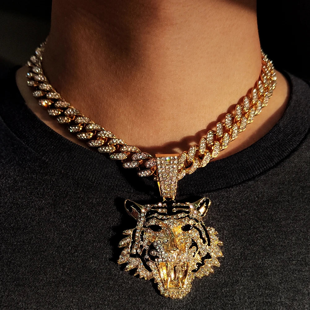 Hip Hop Tiger Head Pendant Necklace for Men Women, Iced Out Rhinestone Cuban Link Chain, Gold Color Animal Bling Jewelry Gift