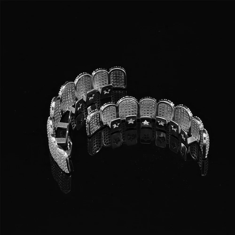 Grillz Iced Out argentés en zircone cubique – Couvre-dents Hip Hop avec moule en silicone