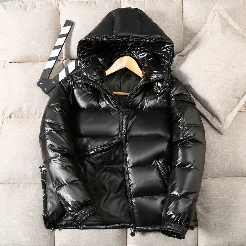 Herren Daunenjacke Glänzend – Echt Weiße Entendaunen & Kapuze