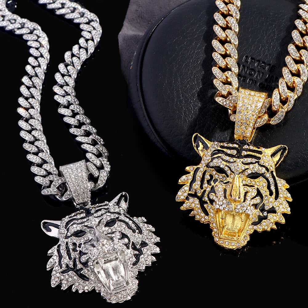 Hip Hop Tiger Head Pendant Necklace for Men Women, Iced Out Rhinestone Cuban Link Chain, Gold Color Animal Bling Jewelry Gift