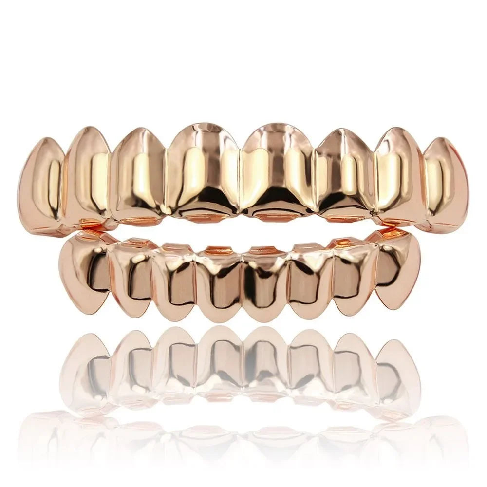 Glossy Finish Teeth Grillz Top Bottom Set Anti Slip Eco-friendly Copper Teeth Grillz Caps Gold Silver Teeth Jewelry Events