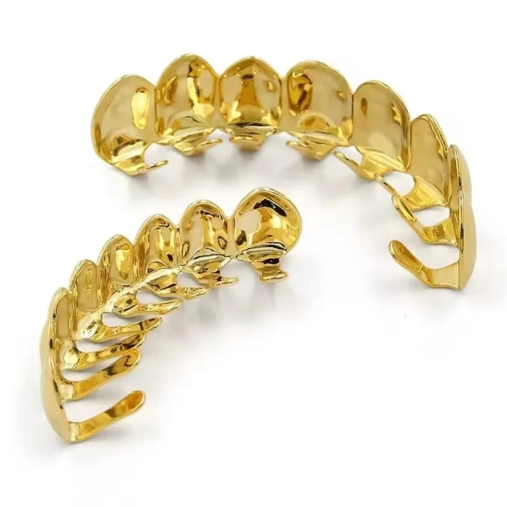 Set di grillz per denti con finitura lucida, superiore e inferiore, antiscivolo, ecologici, in rame, coperture per denti, gioielli per denti, colore argento e oro, stile rapper