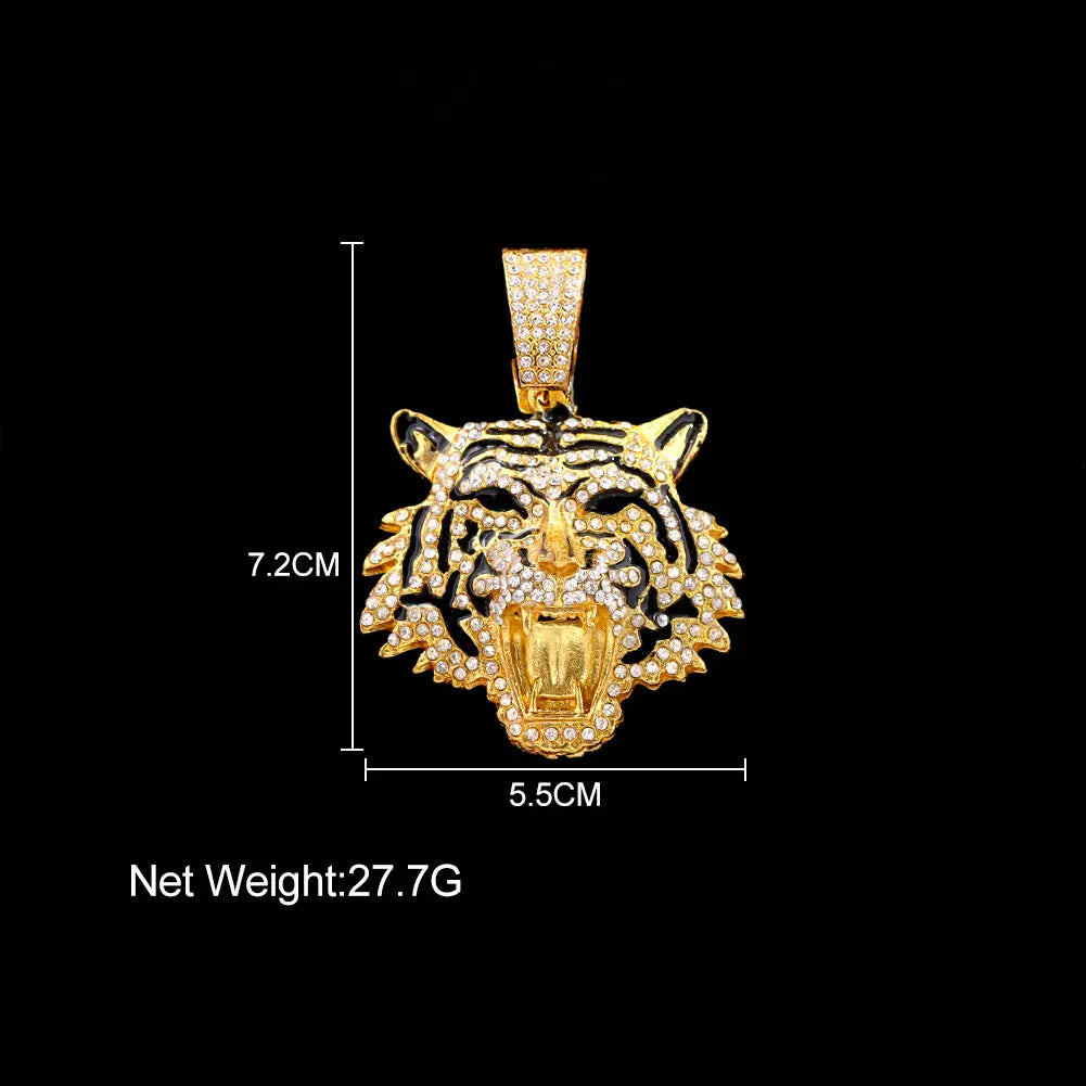 Hip Hop Tiger Head Pendant Necklace for Men Women, Iced Out Rhinestone Cuban Link Chain, Gold Color Animal Bling Jewelry Gift