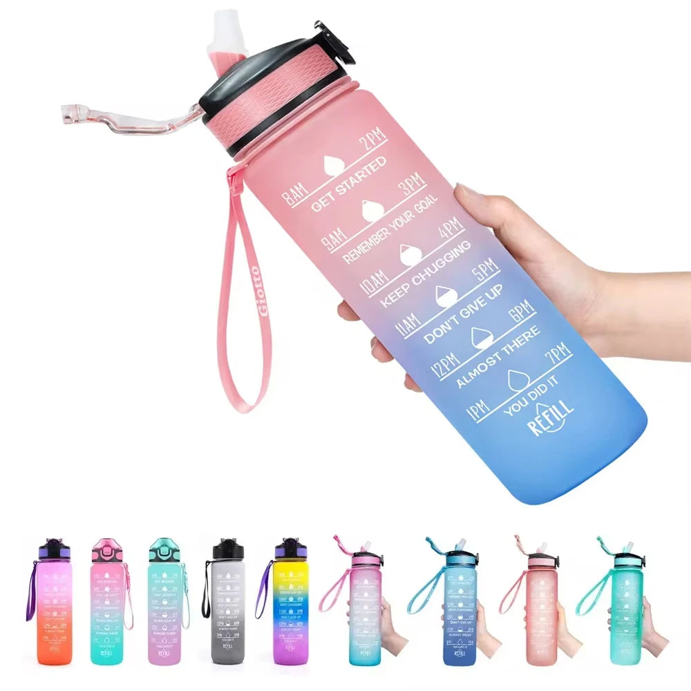 Auslaufsichere 32-Unzen-Wasserflaschen mit Zeiten zum Trinken und Strohhalm, motivierende Trink-Sportwasserflasche für Fitness, Fitnessstudio, Outdoor