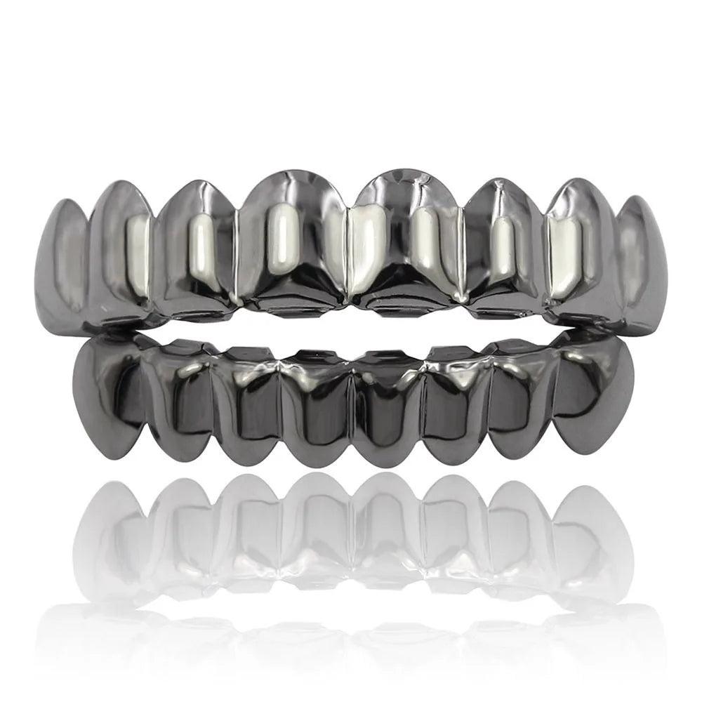 Set di grillz per denti con finitura lucida, superiore e inferiore, antiscivolo, ecologici, in rame, coperture per denti, gioielli per denti, colore argento e oro, stile rapper