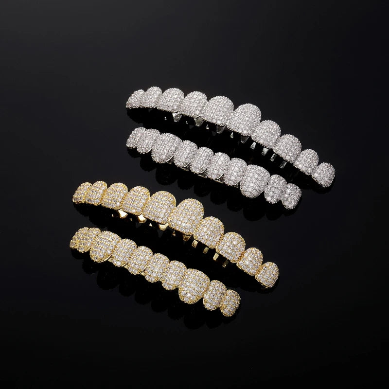 Grillz dentaires haut de gamme, style luxe, incrustés de pierres de zircone 5A, 10 dents haut et 5 dents bas, plaqué or 14K, style punk rappeur, bijoux dentaires.
