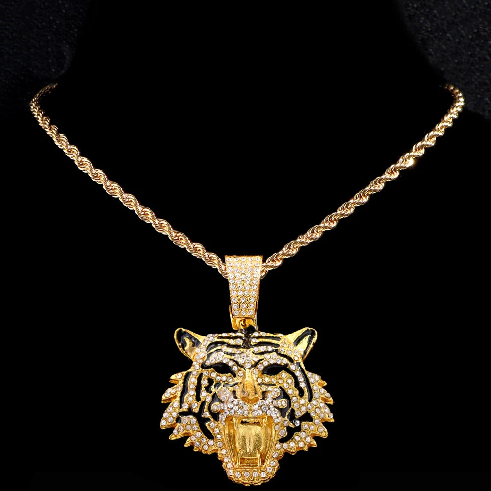 Hip Hop Tiger Head Pendant Necklace for Men Women, Iced Out Rhinestone Cuban Link Chain, Gold Color Animal Bling Jewelry Gift