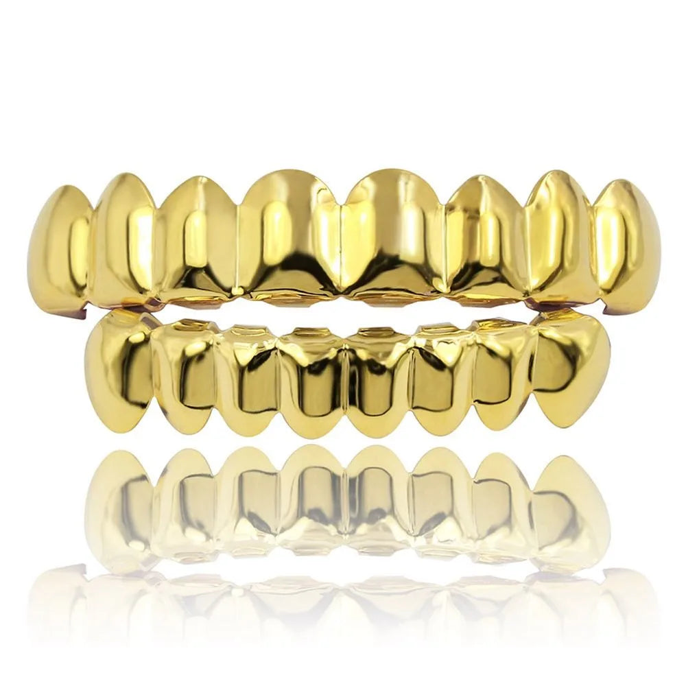 Glossy Finish Teeth Grillz Top Bottom Set Anti Slip Eco-friendly Copper Teeth Grillz Caps Silver Gold Teeth Jewelry Rapper