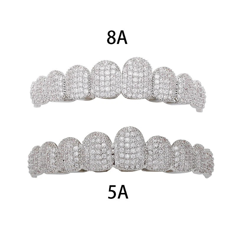High-End Luxury Iced Out Top &10 Bottom 5A CZ Stones Teeth Grillz Punk Rapper 14K Gold Plated Zircon Tooth Caps Mouth Jewelry