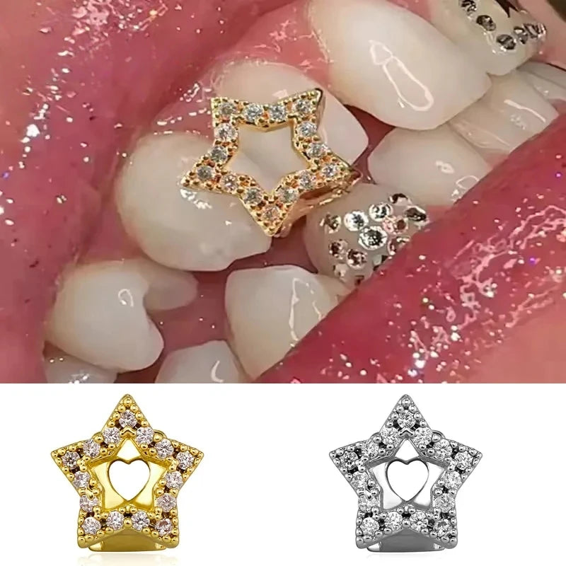 Grillz dentaire individuel en forme d'étoile à cinq branches incrusté de zircons, accessoire dentaire style punk pour hommes et femmes