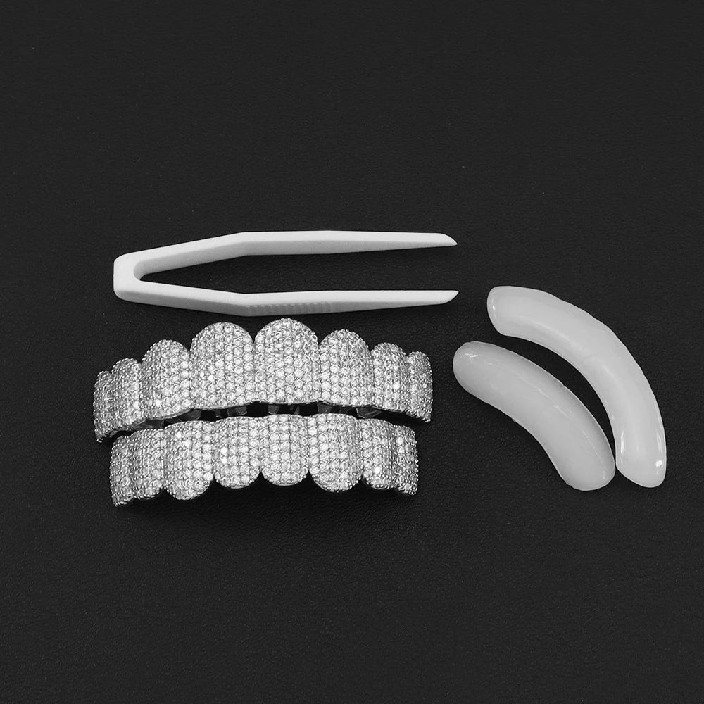 Silver Iced Out CZ Grillz – Hip Hop Tooth Caps with Silicone Mold